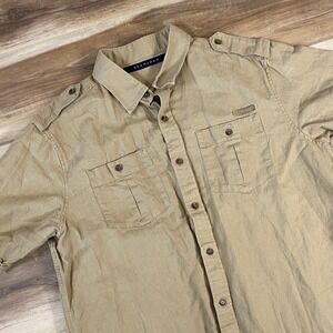 Sean John Button Down Mens Large Safari Epaulets Khaki Tan Y2K Casual